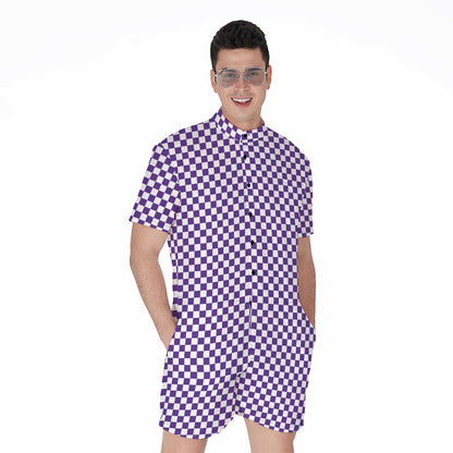 Purple And White Checkered Pattern Print Men's Rompers