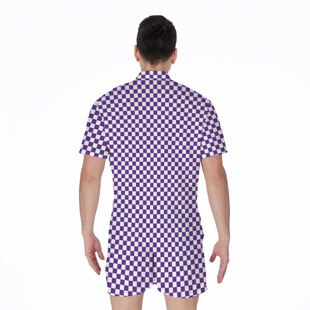 Purple And White Checkered Pattern Print Men's Rompers