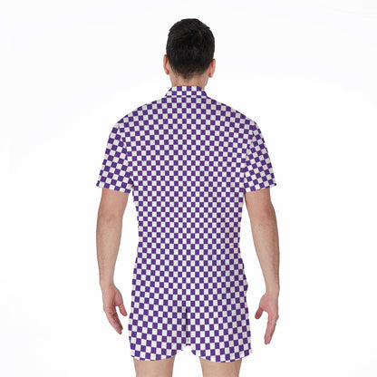 Purple And White Checkered Pattern Print Men's Rompers