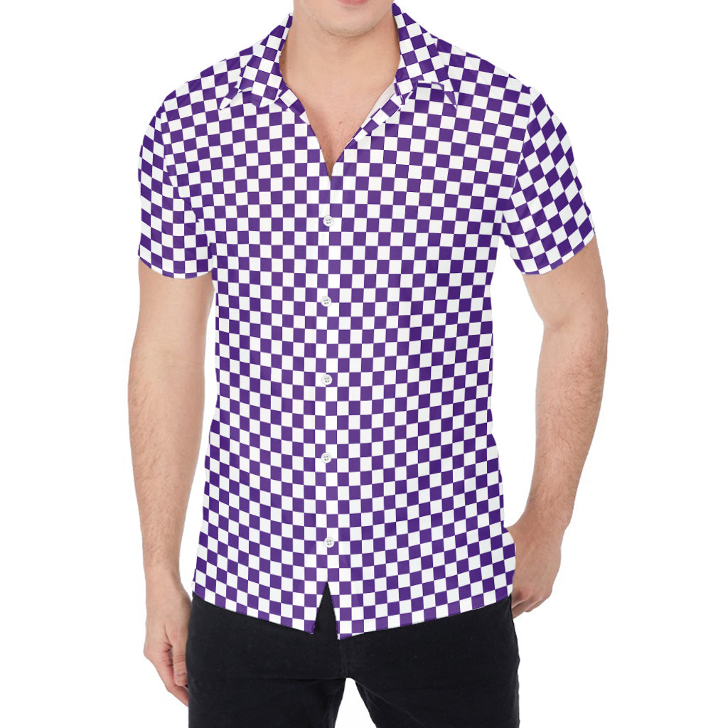 Purple And White Checkered Pattern Print Men's Shirt