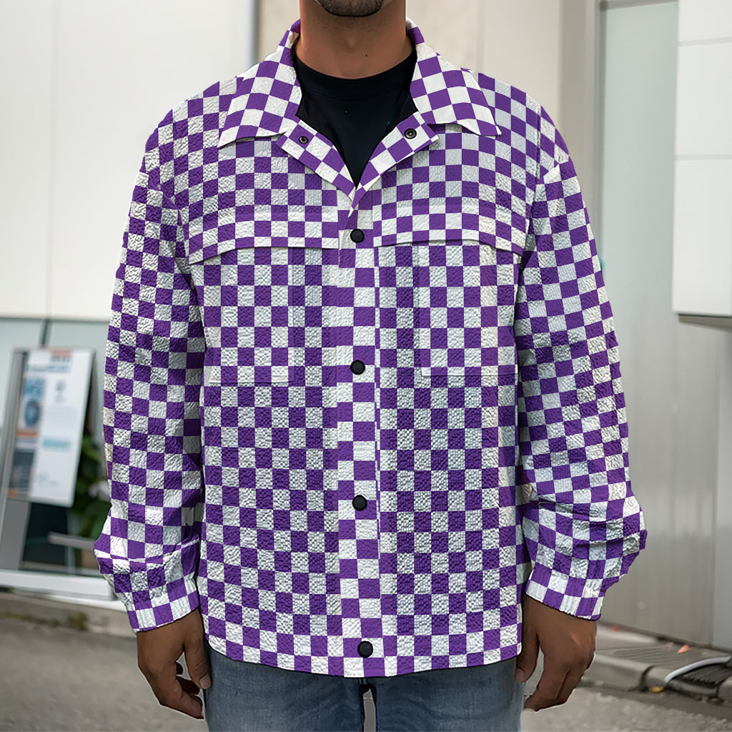 Purple And White Checkered Pattern Print Men's Shirt Jacket