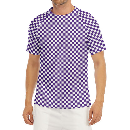 Purple And White Checkered Pattern Print Men's Short Sleeve Rash Guard