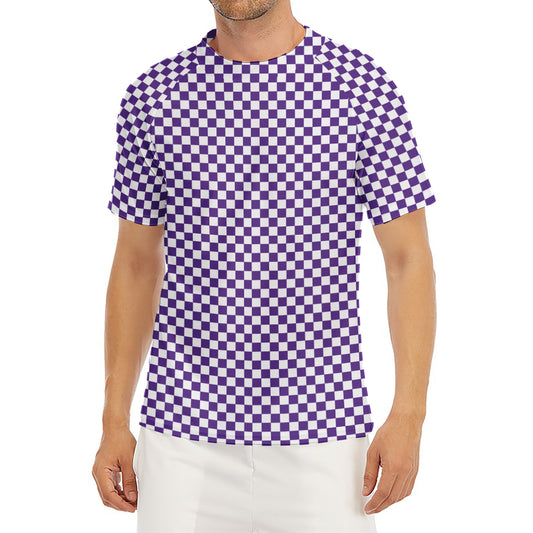 Purple And White Checkered Pattern Print Men's Short Sleeve Rash Guard