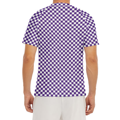Purple And White Checkered Pattern Print Men's Short Sleeve Rash Guard