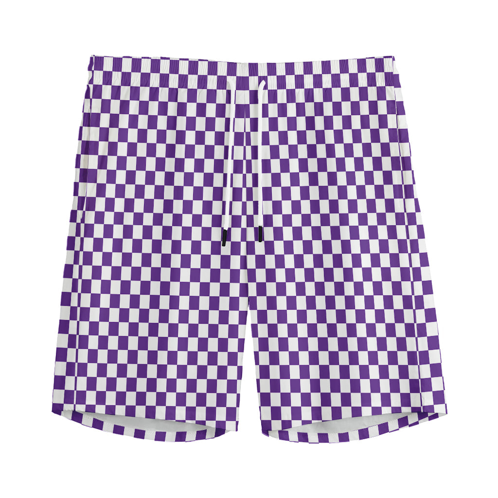 Purple And White Checkered Pattern Print Men's Sports Shorts