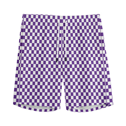 Purple And White Checkered Pattern Print Men's Sports Shorts