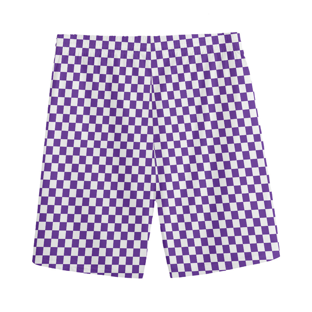 Purple And White Checkered Pattern Print Men's Sports Shorts
