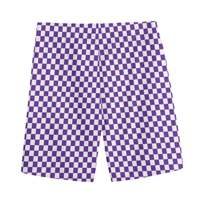 Purple And White Checkered Pattern Print Men's Sports Shorts