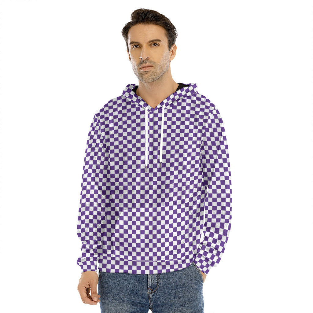 Purple And White Checkered Pattern Print Men's Velvet Pullover Hoodie