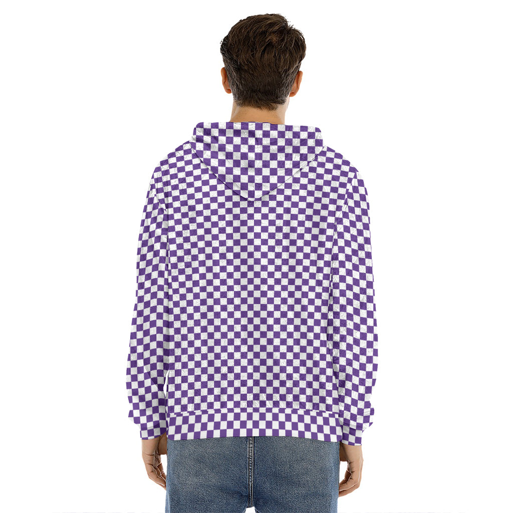 Purple And White Checkered Pattern Print Men's Velvet Pullover Hoodie