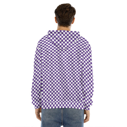Purple And White Checkered Pattern Print Men's Velvet Pullover Hoodie