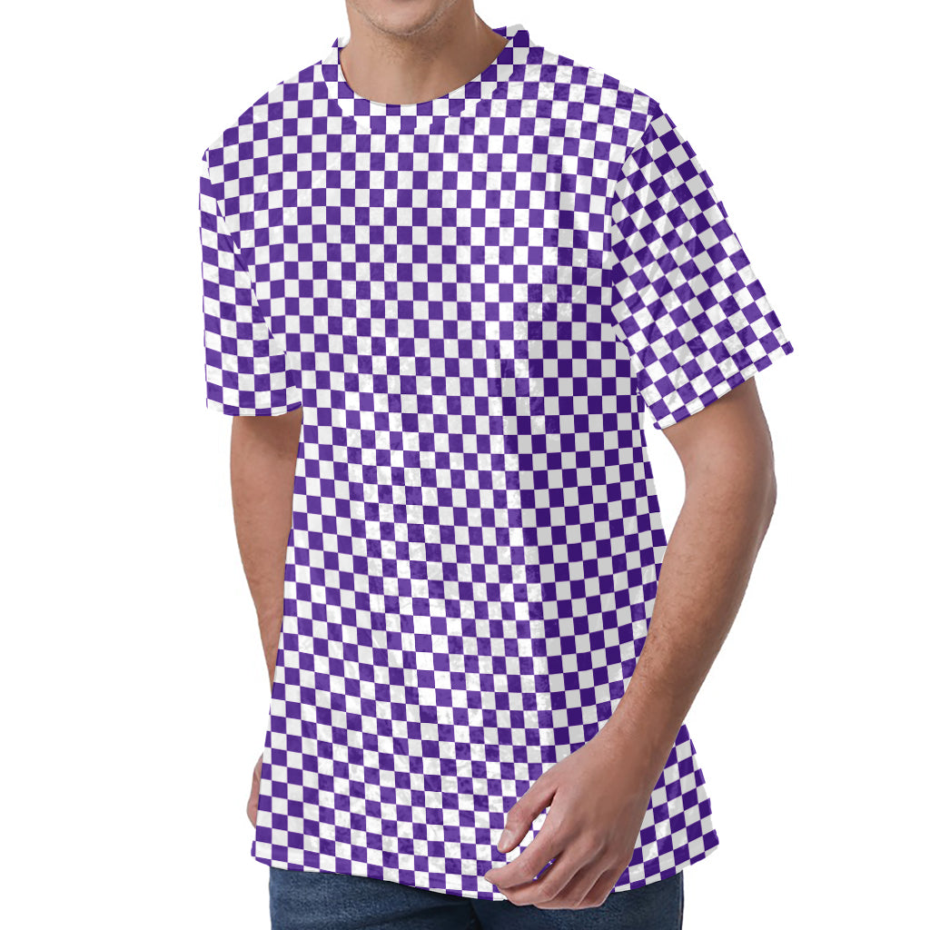 Purple And White Checkered Pattern Print Men's Velvet T-Shirt