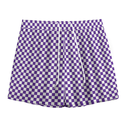 Purple And White Checkered Pattern Print Mesh Shorts