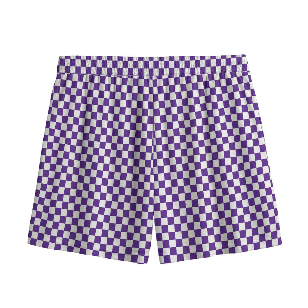 Purple And White Checkered Pattern Print Mesh Shorts
