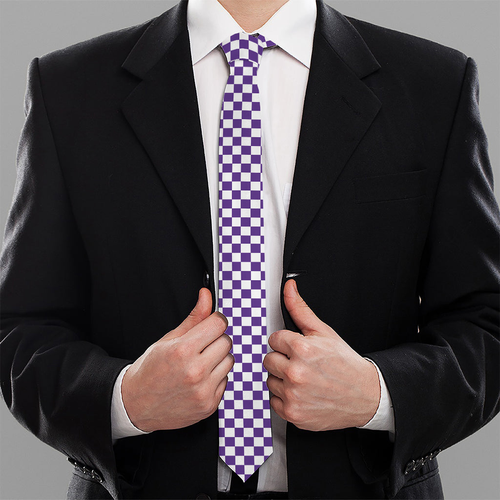 Purple And White Checkered Pattern Print Necktie