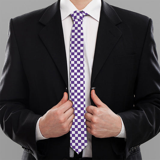 Purple And White Checkered Pattern Print Necktie