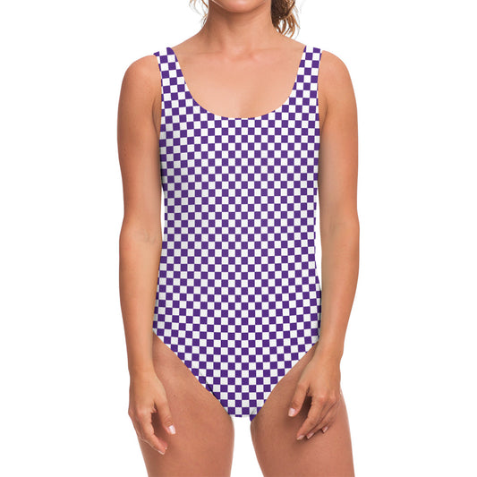 Purple And White Checkered Pattern Print One Piece Swimsuit