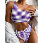 Purple And White Checkered Pattern Print One Shoulder Bikini Top