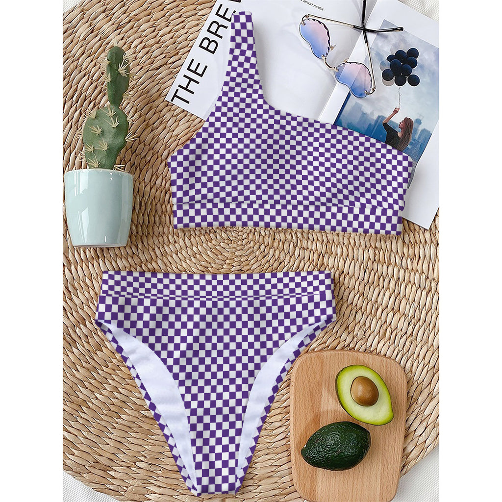 Purple And White Checkered Pattern Print One Shoulder Bikini Top