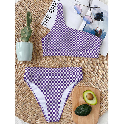 Purple And White Checkered Pattern Print One Shoulder Bikini Top