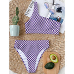 Purple And White Checkered Pattern Print One Shoulder Bikini Top