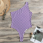 Purple And White Checkered Pattern Print One Shoulder Bodysuit