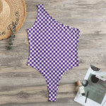 Purple And White Checkered Pattern Print One Shoulder Bodysuit