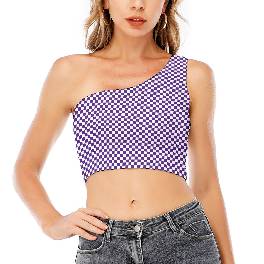 Purple And White Checkered Pattern Print One Shoulder Crop Top