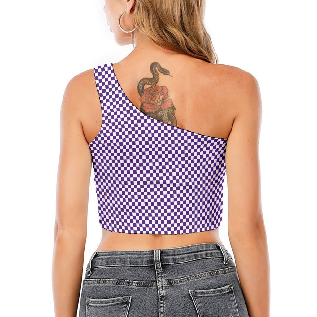 Purple And White Checkered Pattern Print One Shoulder Crop Top