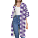 Purple And White Checkered Pattern Print Open Front Beach Cover Up