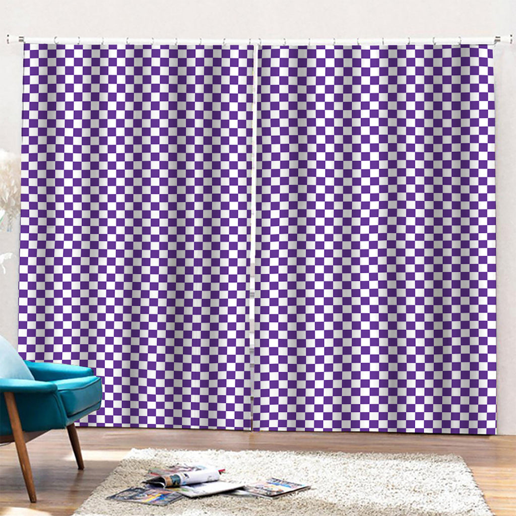 Purple And White Checkered Pattern Print Pencil Pleat Curtains