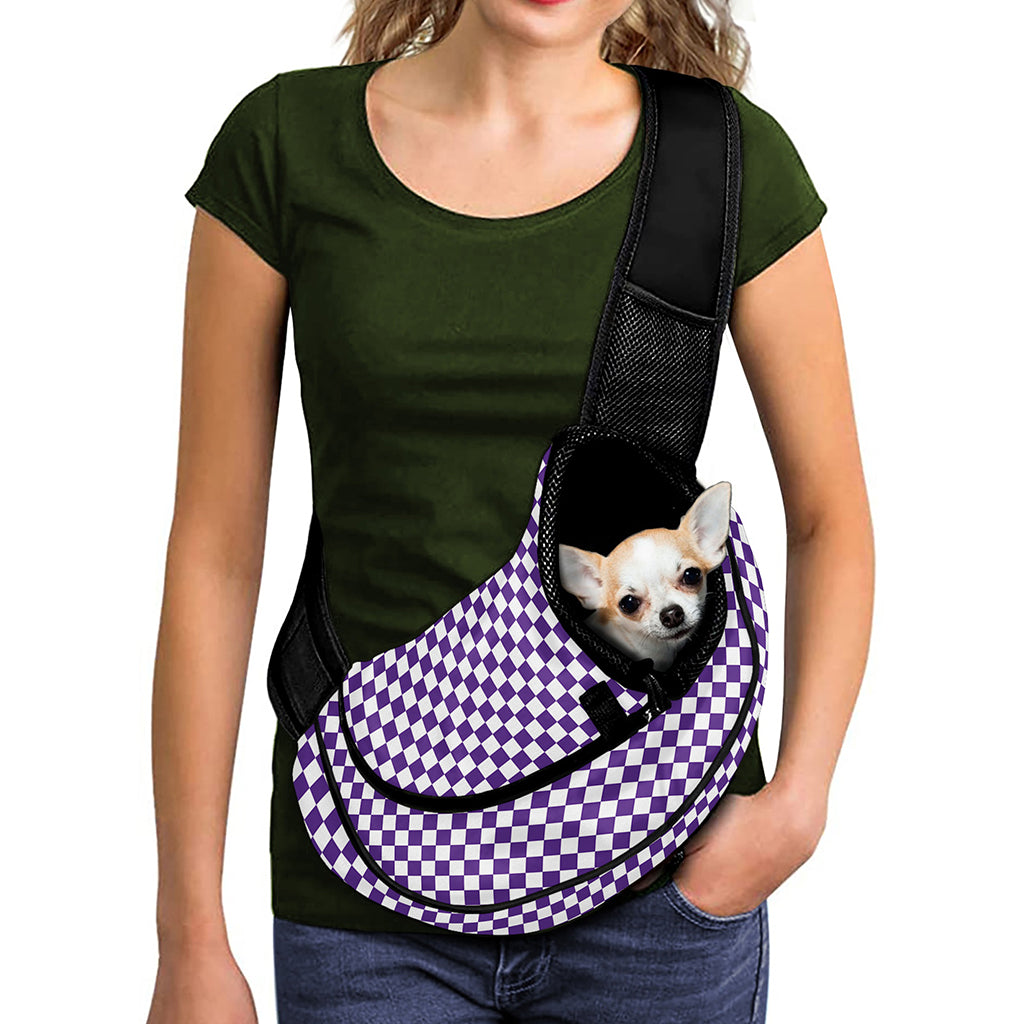 Purple And White Checkered Pattern Print Pet Sling Carrier