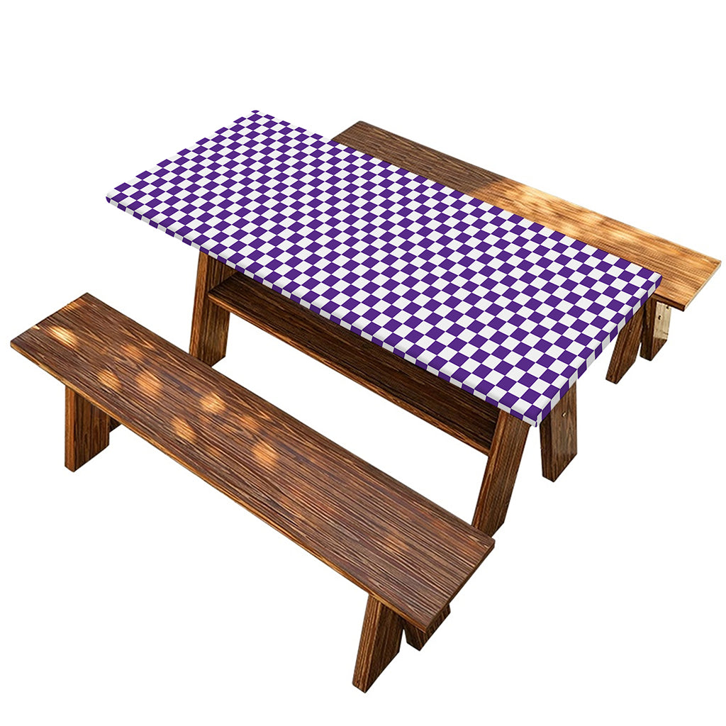 Purple And White Checkered Pattern Print Picnic Table Cover