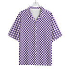 Purple And White Checkered Pattern Print Rayon Hawaiian Shirt