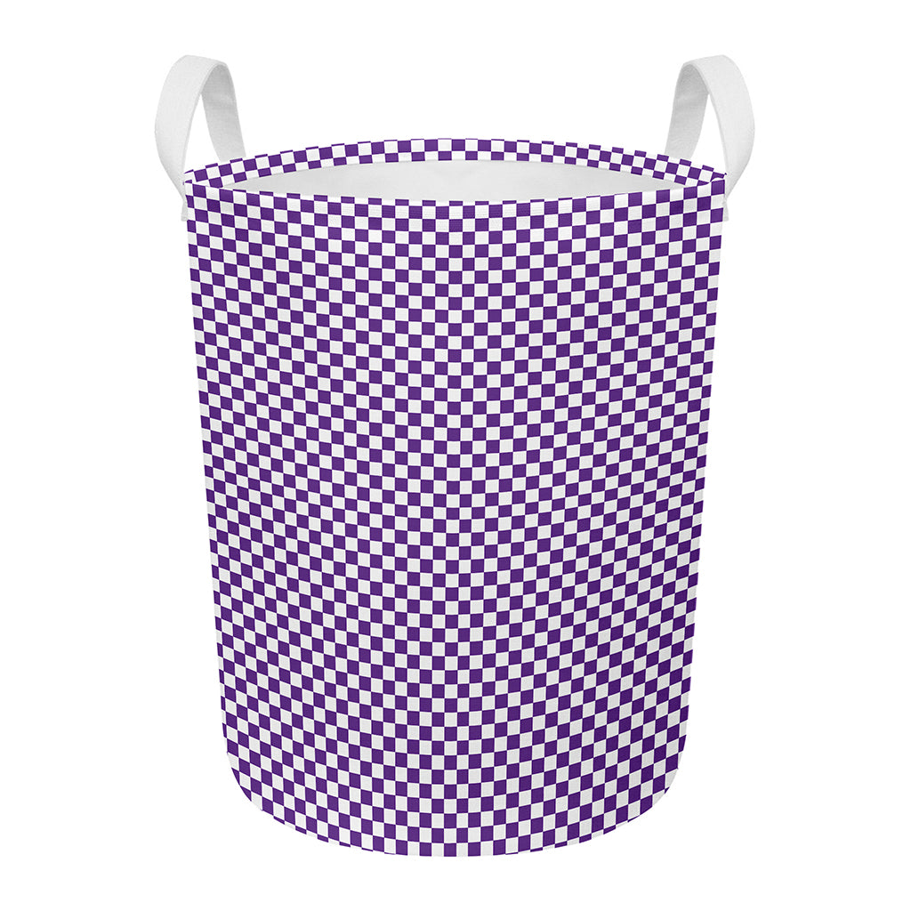 Purple And White Checkered Pattern Print Round Laundry Basket