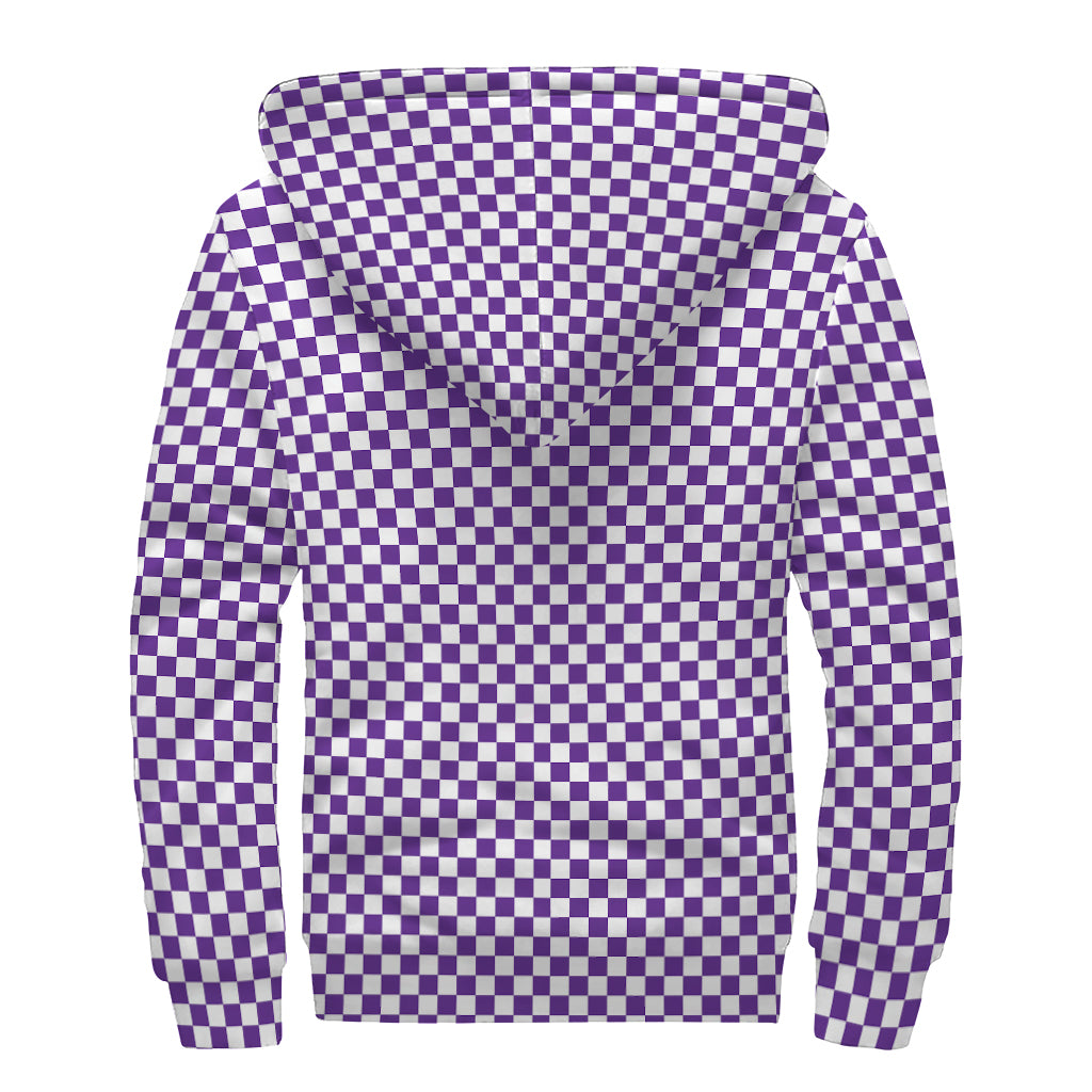 Purple And White Checkered Pattern Print Sherpa Lined Zip Up Hoodie