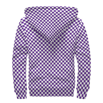 Purple And White Checkered Pattern Print Sherpa Lined Zip Up Hoodie