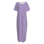 Purple And White Checkered Pattern Print Short Sleeve Long Nightdress