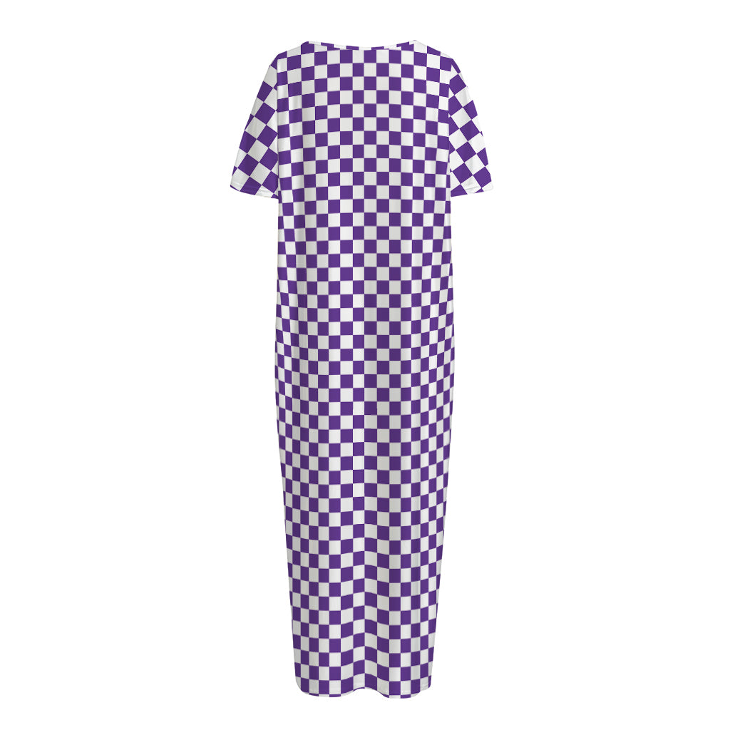 Purple And White Checkered Pattern Print Short Sleeve Long Nightdress