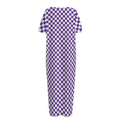 Purple And White Checkered Pattern Print Short Sleeve Long Nightdress