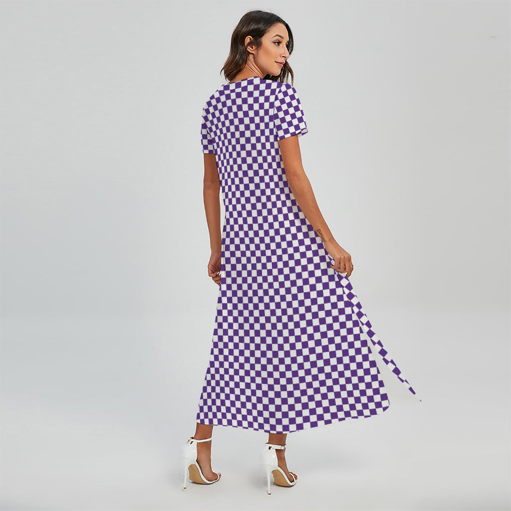 Purple And White Checkered Pattern Print Short Sleeve Maxi Dress
