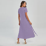 Purple And White Checkered Pattern Print Short Sleeve Maxi Dress