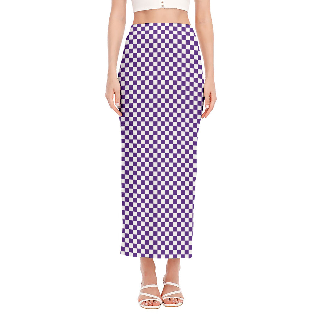 Purple And White Checkered Pattern Print Side Slit Maxi Skirt