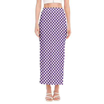Purple And White Checkered Pattern Print Side Slit Maxi Skirt