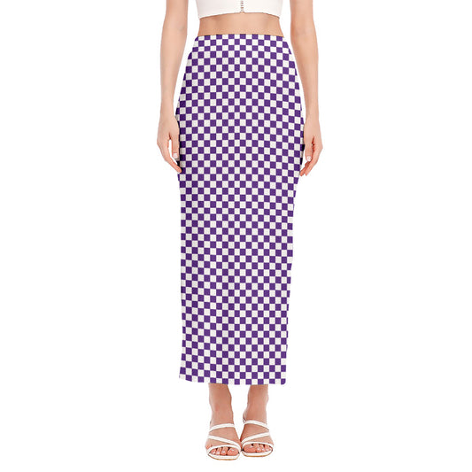 Purple And White Checkered Pattern Print Side Slit Maxi Skirt