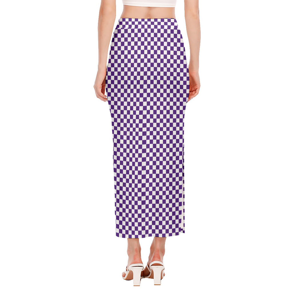 Purple And White Checkered Pattern Print Side Slit Maxi Skirt