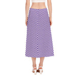Purple And White Checkered Pattern Print Side Slit Midi Skirt