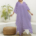 Purple And White Checkered Pattern Print Silk V-Neck Kaftan Dress