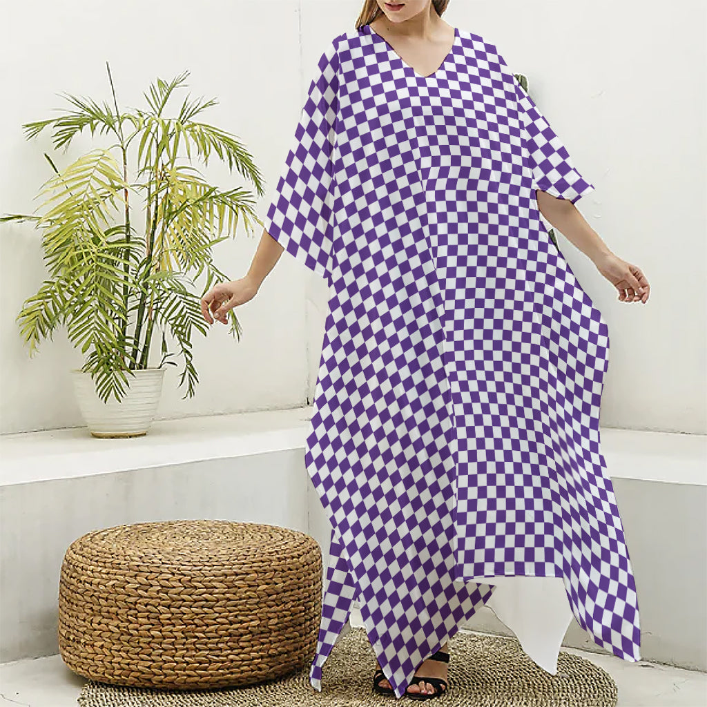 Purple And White Checkered Pattern Print Silk V-Neck Kaftan Dress