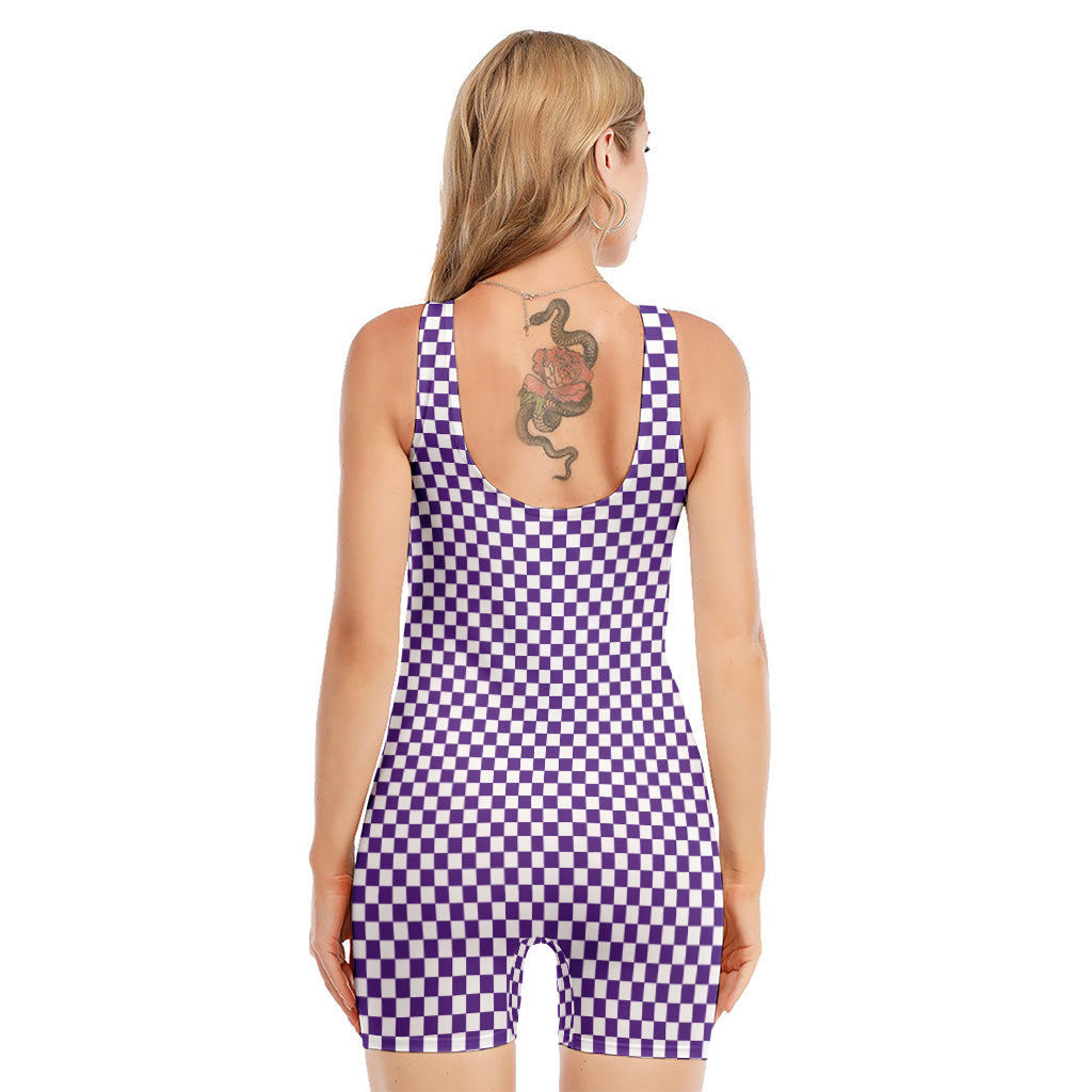 Purple And White Checkered Pattern Print Sleeveless One Piece Swimsuit